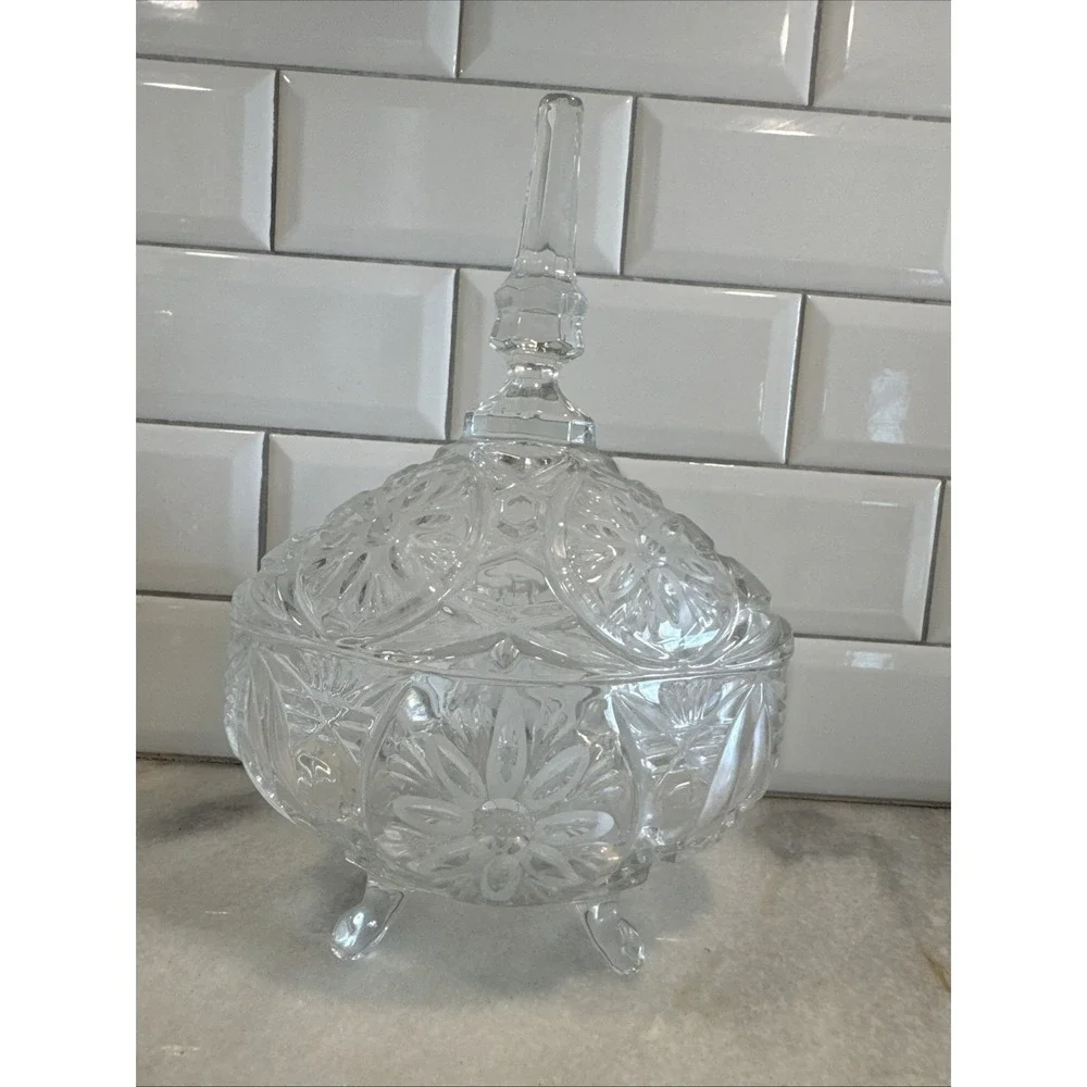 Vintage Cut Glass Crystal Candy Dish Finial Lid Four Footed Bottom 11